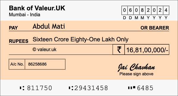 How to write a cheque for 16.81 crore rupees