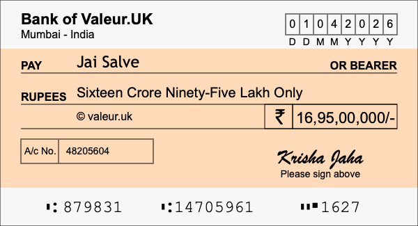 How to write a cheque for 16.95 crore rupees