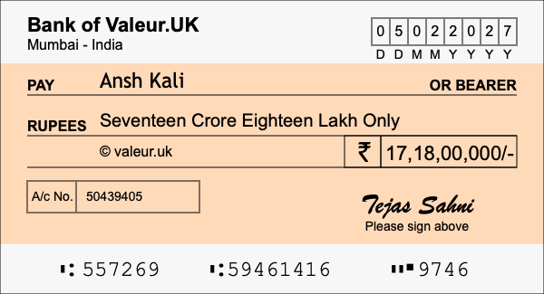 How to write a cheque for 17.18 crore rupees