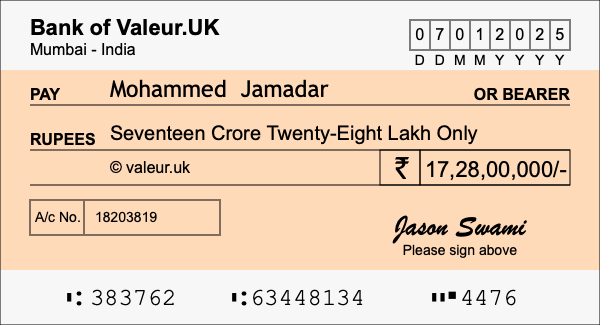 How to write a cheque for 17.28 crore rupees