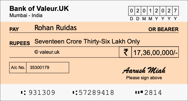 How to write a cheque for 17.36 crore rupees