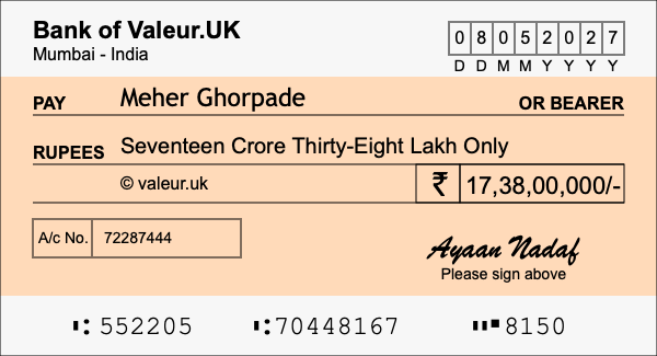 How to write a cheque for 17.38 crore rupees