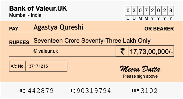 How to write a cheque for 17.73 crore rupees