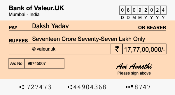 How to write a cheque for 17.77 crore rupees
