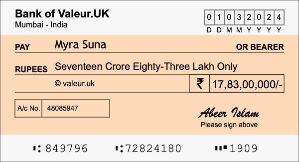 How to write a cheque for 17.83 crore rupees