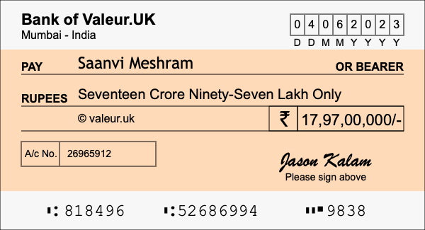 How to write a cheque for 17.97 crore rupees