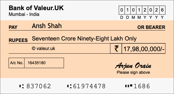 How to write a cheque for 17.98 crore rupees