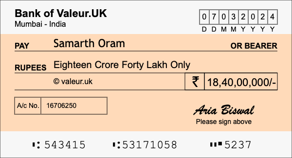 How to write a cheque for 18.4 crore rupees