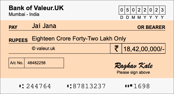 How to write a cheque for 18.42 crore rupees