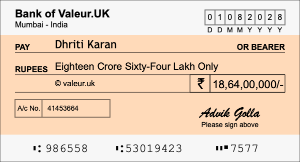 How to write a cheque for 18.64 crore rupees