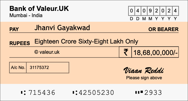 How to write a cheque for 18.68 crore rupees