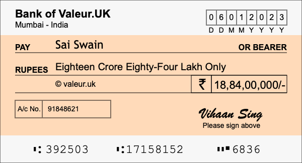 How to write a cheque for 18.84 crore rupees