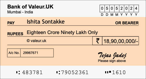 How to write a cheque for 18.9 crore rupees