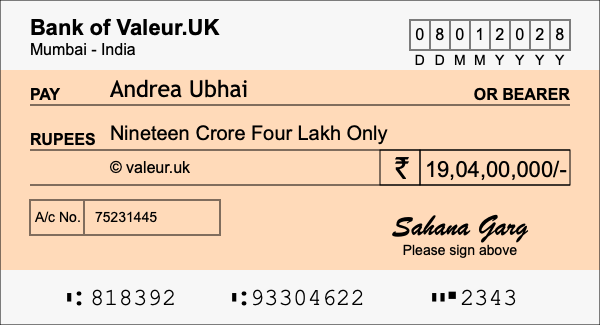 How to write a cheque for 19.04 crore rupees