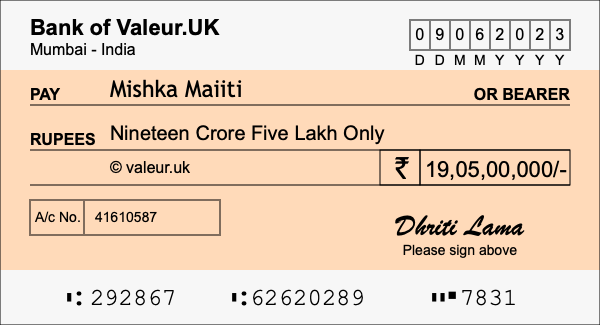 How to write a cheque for 19.05 crore rupees