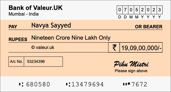 How to write a cheque for 19.09 crore rupees How to write a cheque for 19.09 crore rupees