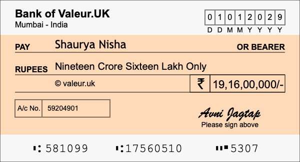 How to write a cheque for 19.16 crore rupees
