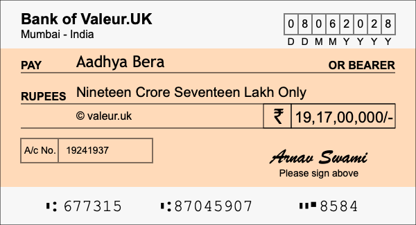 How to write a cheque for 19.17 crore rupees