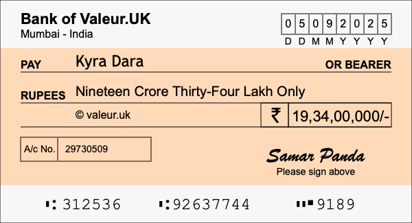 How to write a cheque for 19.34 crore rupees