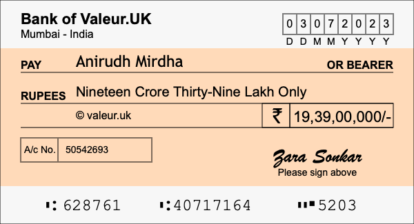 How to write a cheque for 19.39 crore rupees