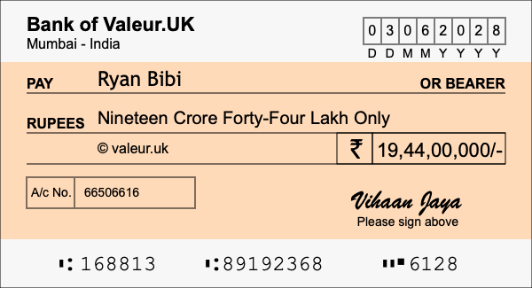 How to write a cheque for 19.44 crore rupees