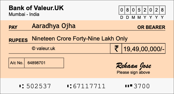 How to write a cheque for 19.49 crore rupees