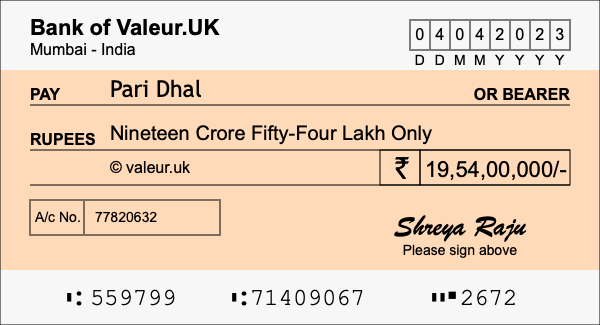 How to write a cheque for 19.54 crore rupees