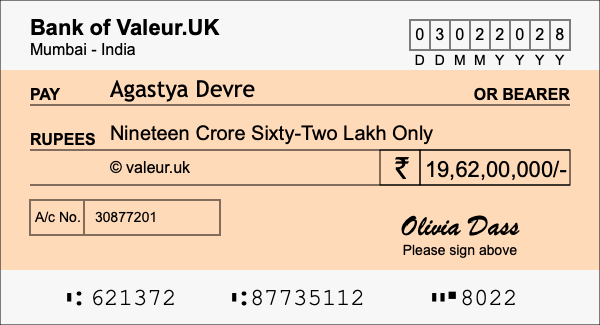 How to write a cheque for 19.62 crore rupees
