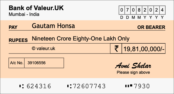 How to write a cheque for 19.81 crore rupees