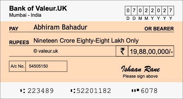 How to write a cheque for 19.88 crore rupees