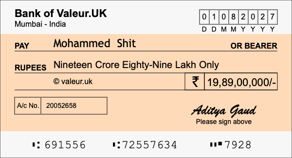 How to write a cheque for 19.89 crore rupees How to write a cheque for 19.89 crore rupees