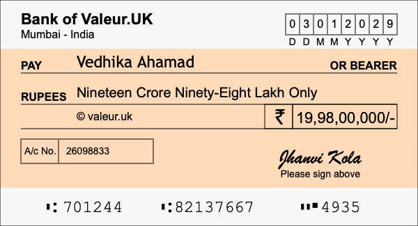 How to write a cheque for 19.98 crore rupees How to write a cheque for 19.98 crore rupees