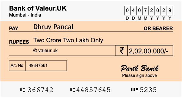 How to write a cheque for 2.02 crore rupees