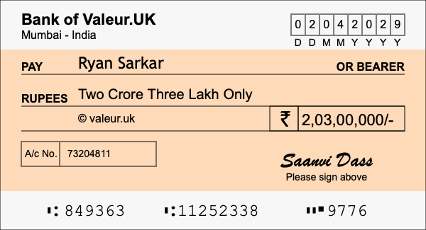 How to write a cheque for 2.03 crore rupees