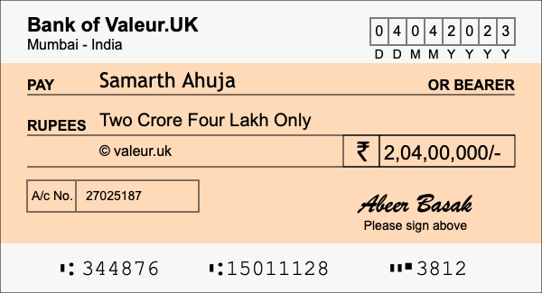 How to write a cheque for 2.04 crore rupees