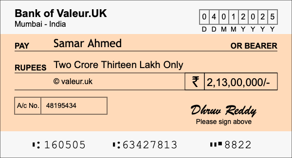 How to write a cheque for 2.13 crore rupees