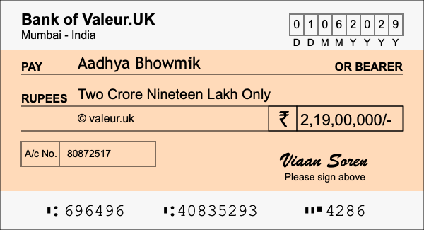 How to write a cheque for 2.19 crore rupees