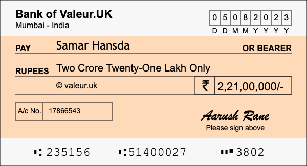 How to write a cheque for 2.21 crore rupees