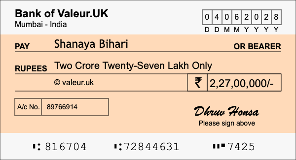 How to write a cheque for 2.27 crore rupees