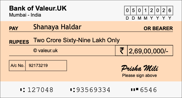 How to write a cheque for 2.69 crore rupees How to write a cheque for 2.69 crore rupees