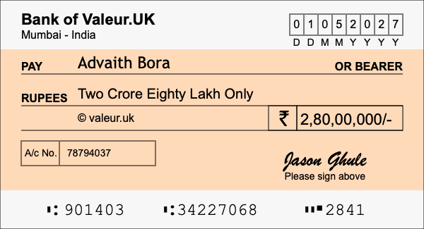 How to write a cheque for 2.8 crore rupees How to write a cheque for 2.8 crore rupees