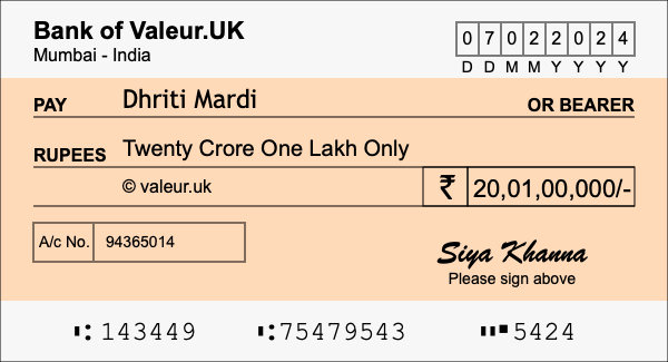 How to write a cheque for 20.01 crore rupees How to write a cheque for 20.01 crore rupees