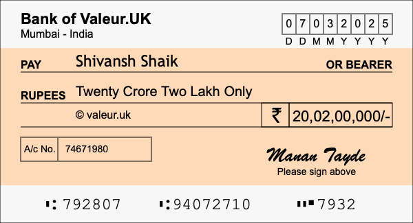 How to write a cheque for 20.02 crore rupees How to write a cheque for 20.02 crore rupees