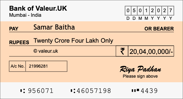 How to write a cheque for 20.04 crore rupees How to write a cheque for 20.04 crore rupees
