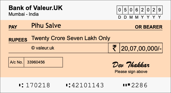 How to write a cheque for 20.07 crore rupees How to write a cheque for 20.07 crore rupees