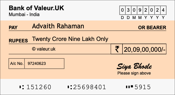 How to write a cheque for 20.09 crore rupees How to write a cheque for 20.09 crore rupees