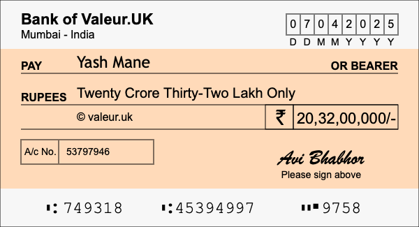 How to write a cheque for 20.32 crore rupees