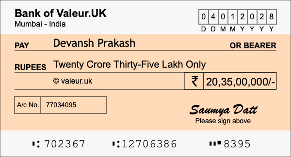 How to write a cheque for 20.35 crore rupees