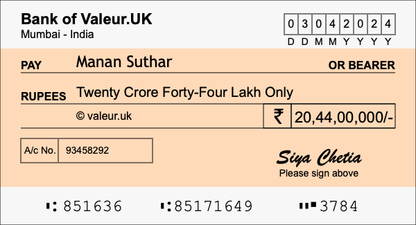 How to write a cheque for 20.44 crore rupees