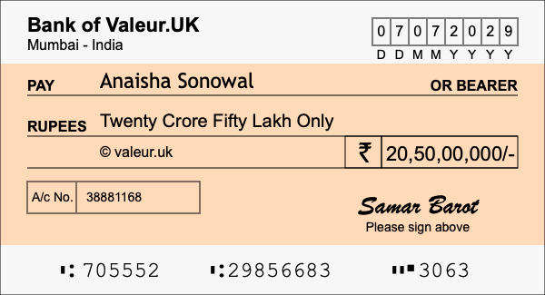 How to write a cheque for 20.5 crore rupees How to write a cheque for 20.5 crore rupees